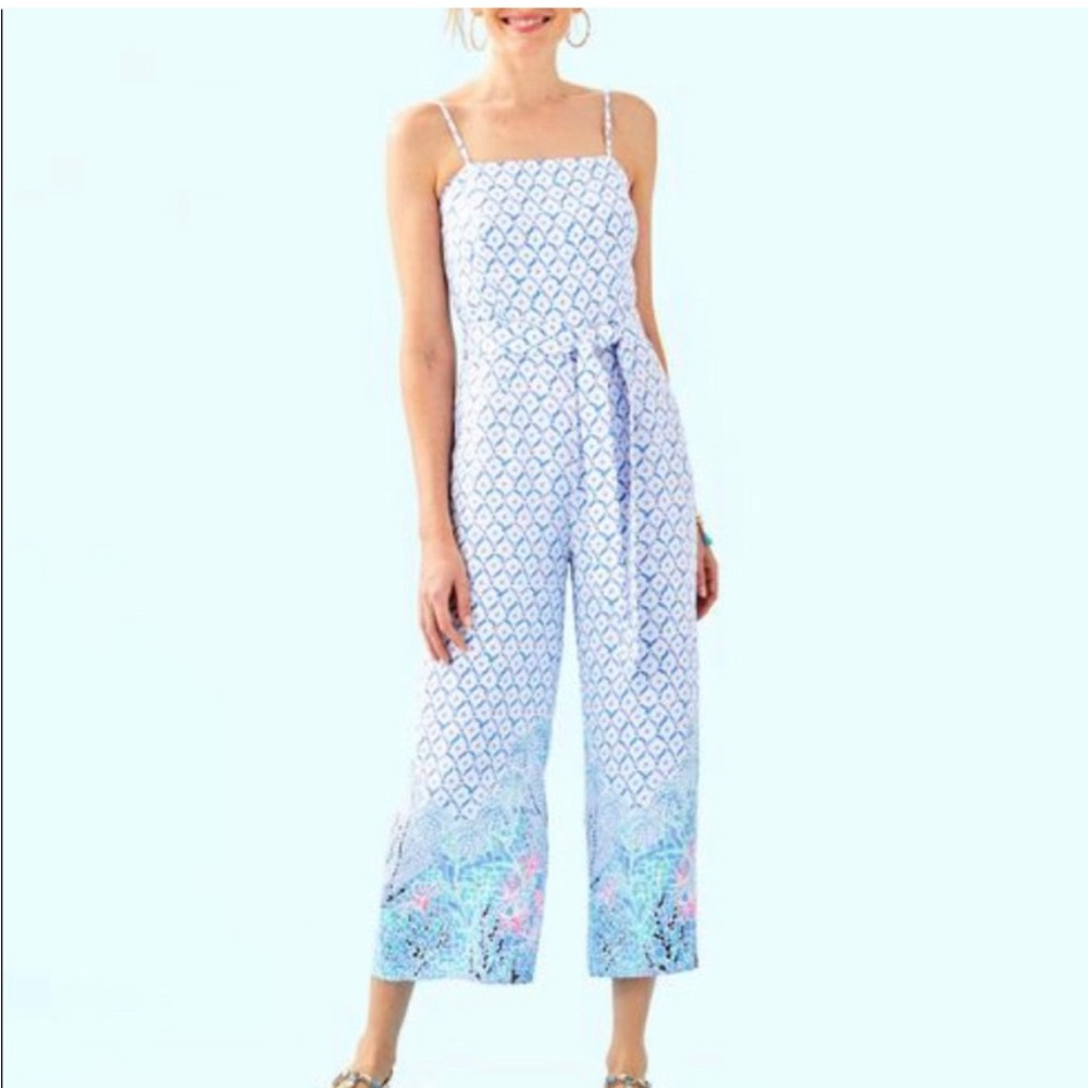 Lilly Pulitzer Sandra Sea La Vie Cropped Jumpsuit Missing Belt Size 4